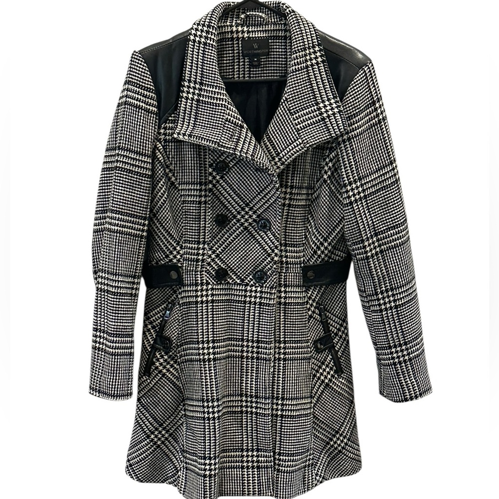 Worthington Size Medium Long Wool Coat with Faux Leather Accents!
